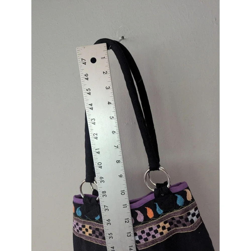 Black Floral Embroidered Cotton Tote‎ India Boho Hippie Shoulder Bag